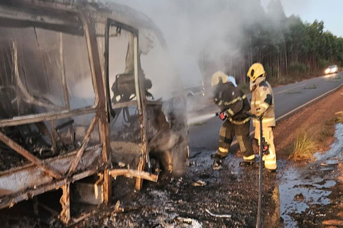 micro-ônibus de time de futebol amador pega fogo na MG-214